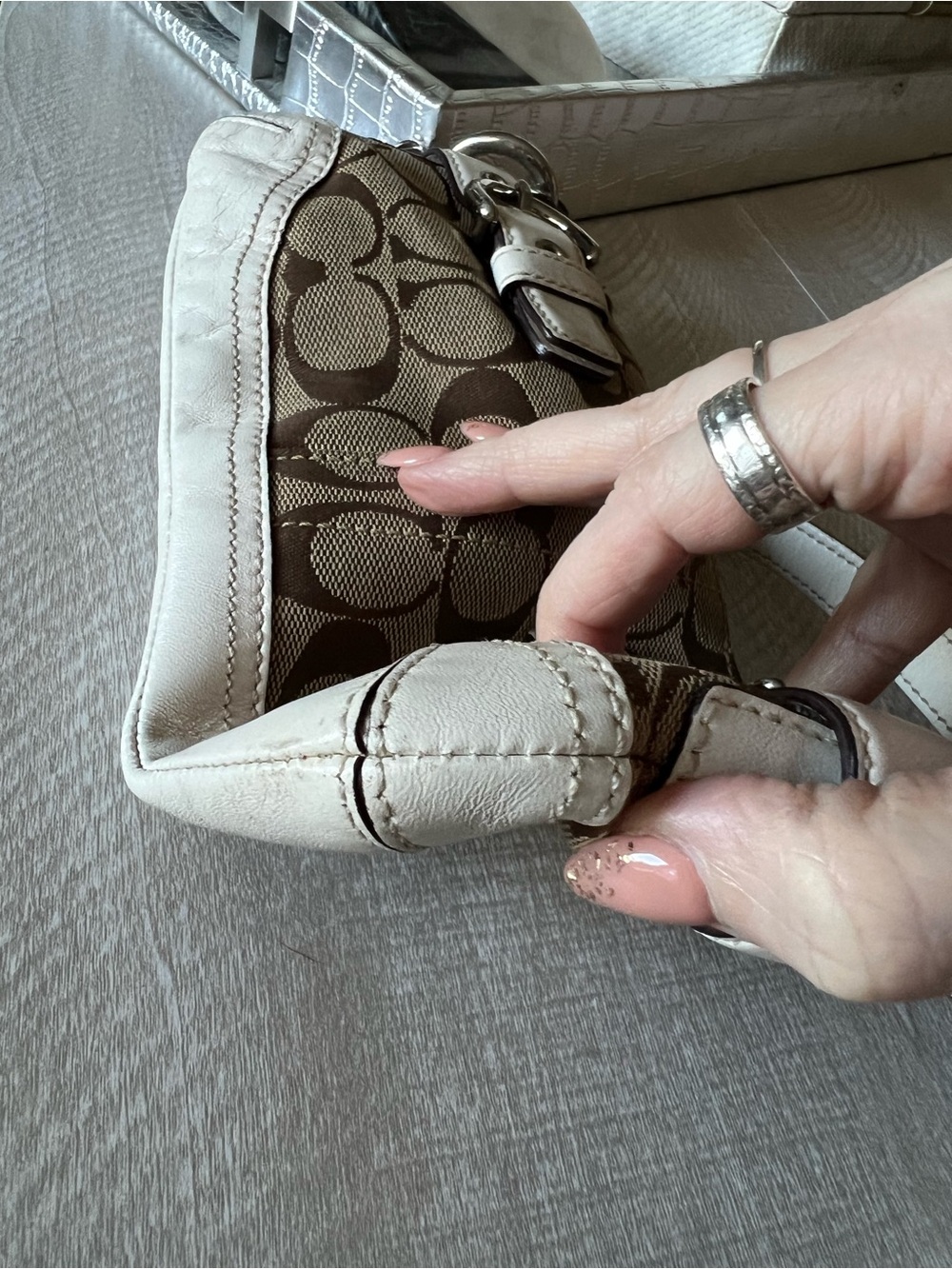 Coach Brown Signature Canvas Shoulder Bag with White Leather Trim - Picture 5 of 7
